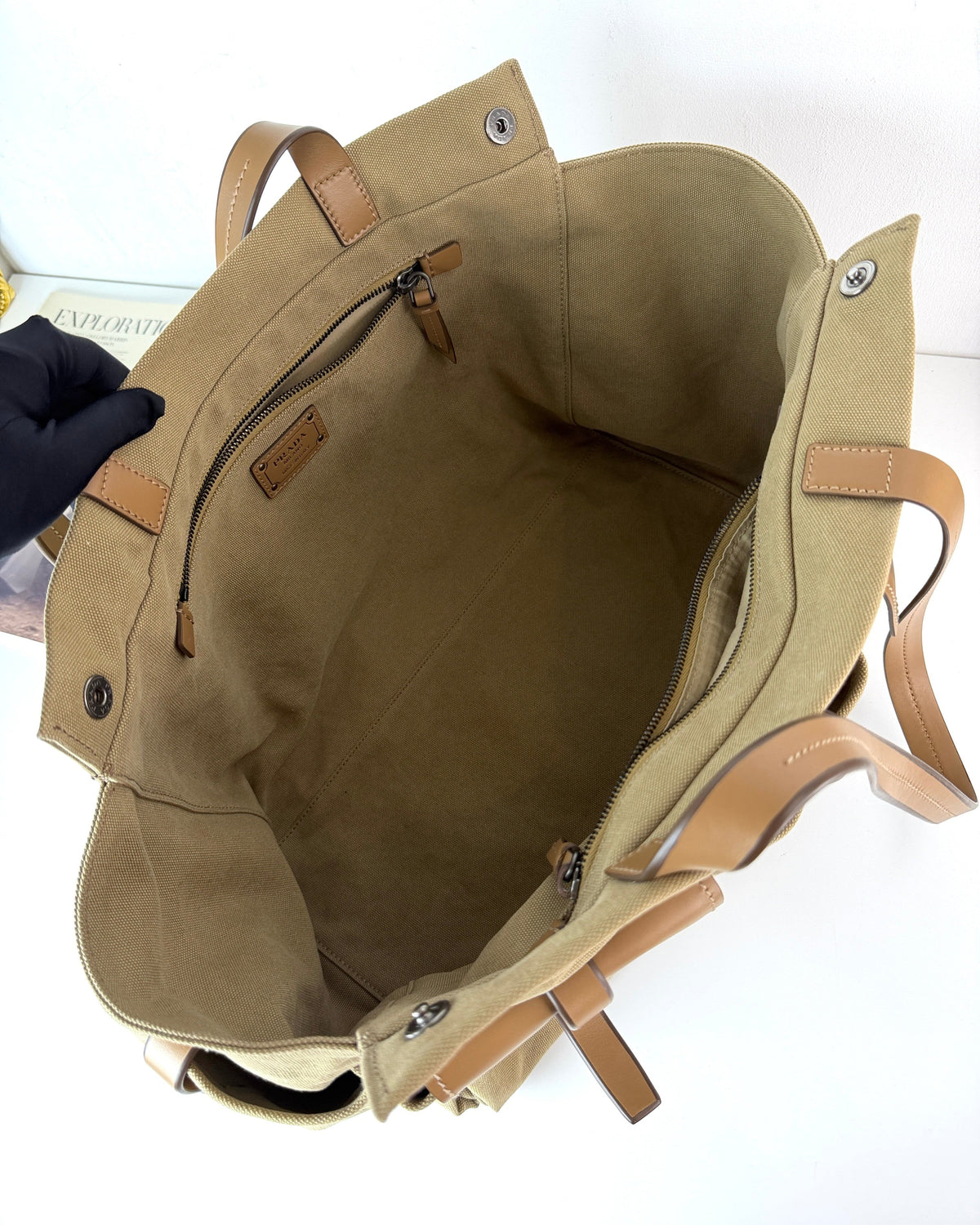 Prada Route Canvas and Leather Tote Bag - Khaki - View 7