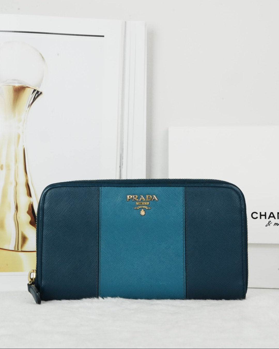 Prada Saffiano Leather Zip-around Wallet - Teal/ Blue - View 1