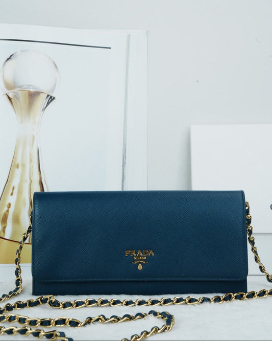 Prada Saffiano Leather Wallet on Chain - Blue - View 1