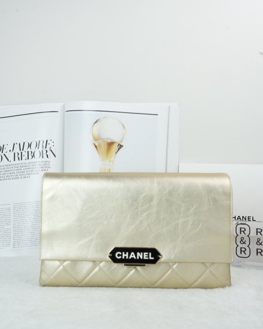 Chanel Metallized Calfskin Quilted Retro Label Clutch - Gold - View 1