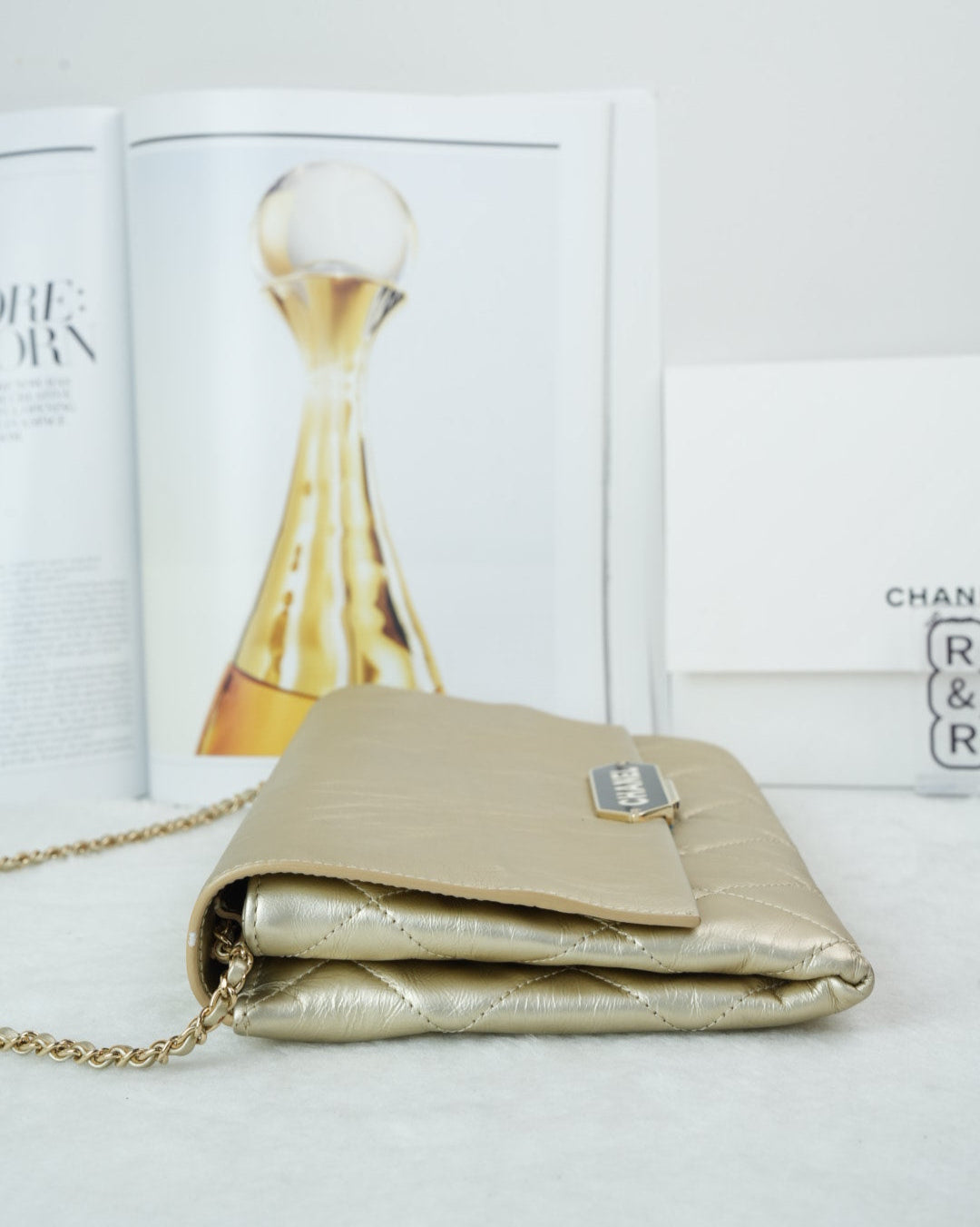 Chanel Metallized Calfskin Quilted Retro Label Clutch - Gold - View 4