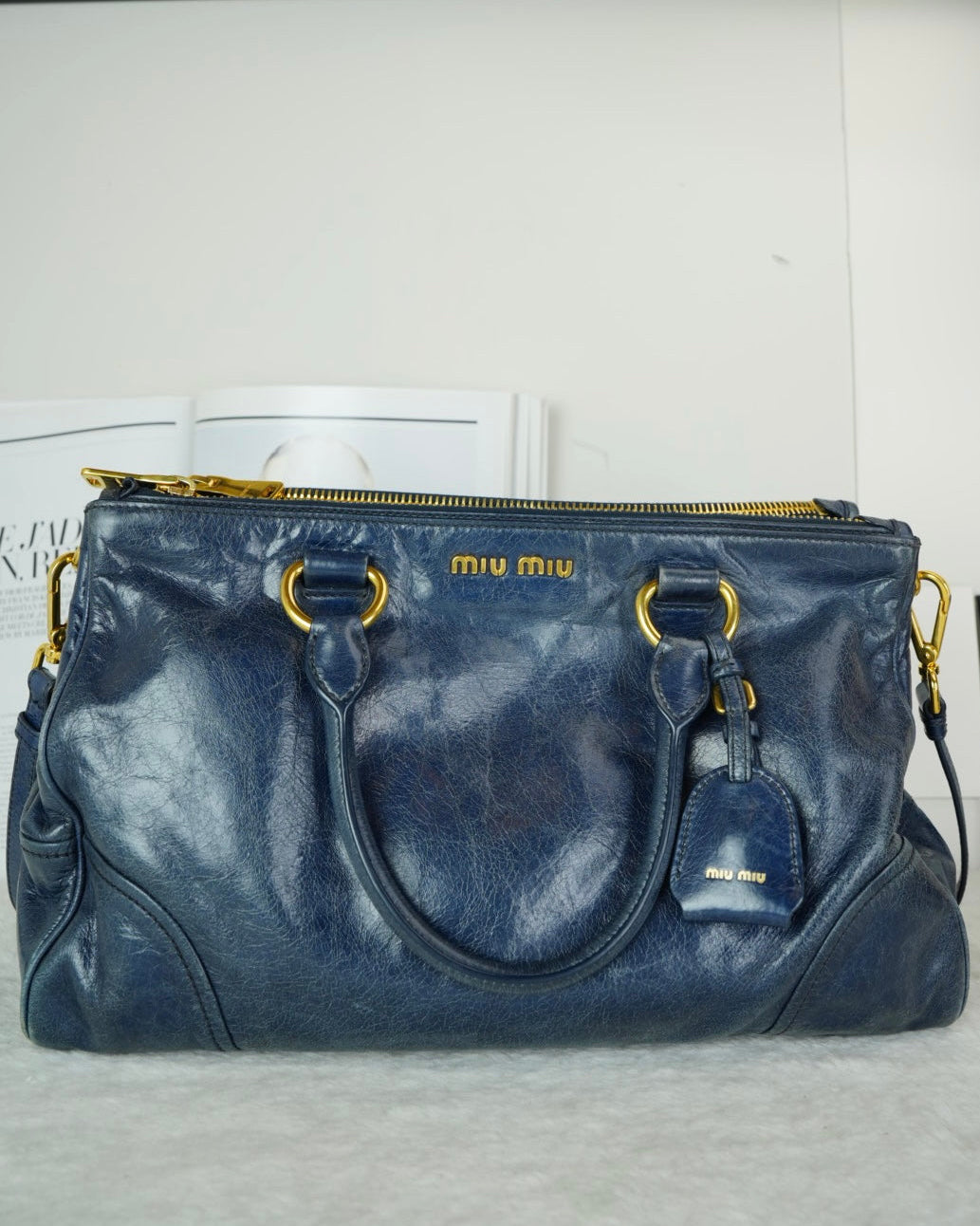 Miu Miu Vitello Shine Tote Bag - Dark Blue - View 1