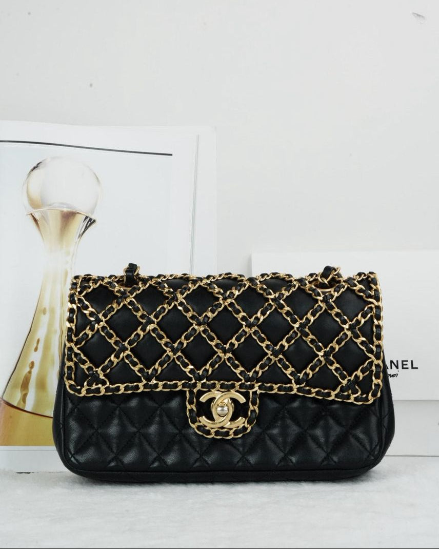 Chanel Classic Flap With Woven Chain Bag - Black - View 1