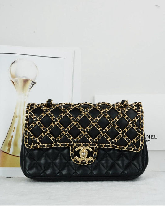 Chanel Classic Flap With Woven Chain Bag - Black - View 1