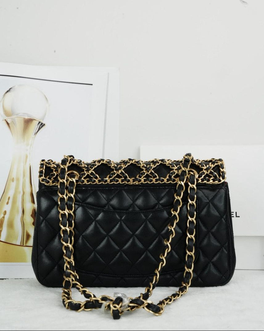 Chanel Classic Flap With Woven Chain Bag - Black - View 2