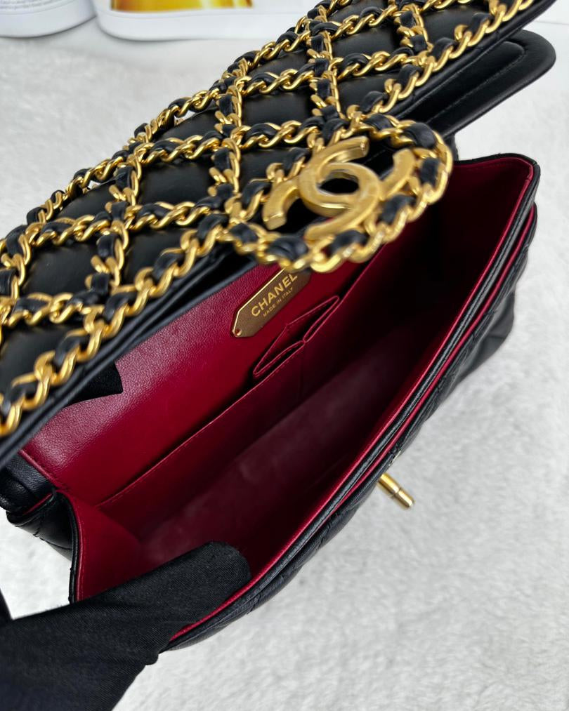Chanel Classic Flap With Woven Chain Bag - Black - View 6