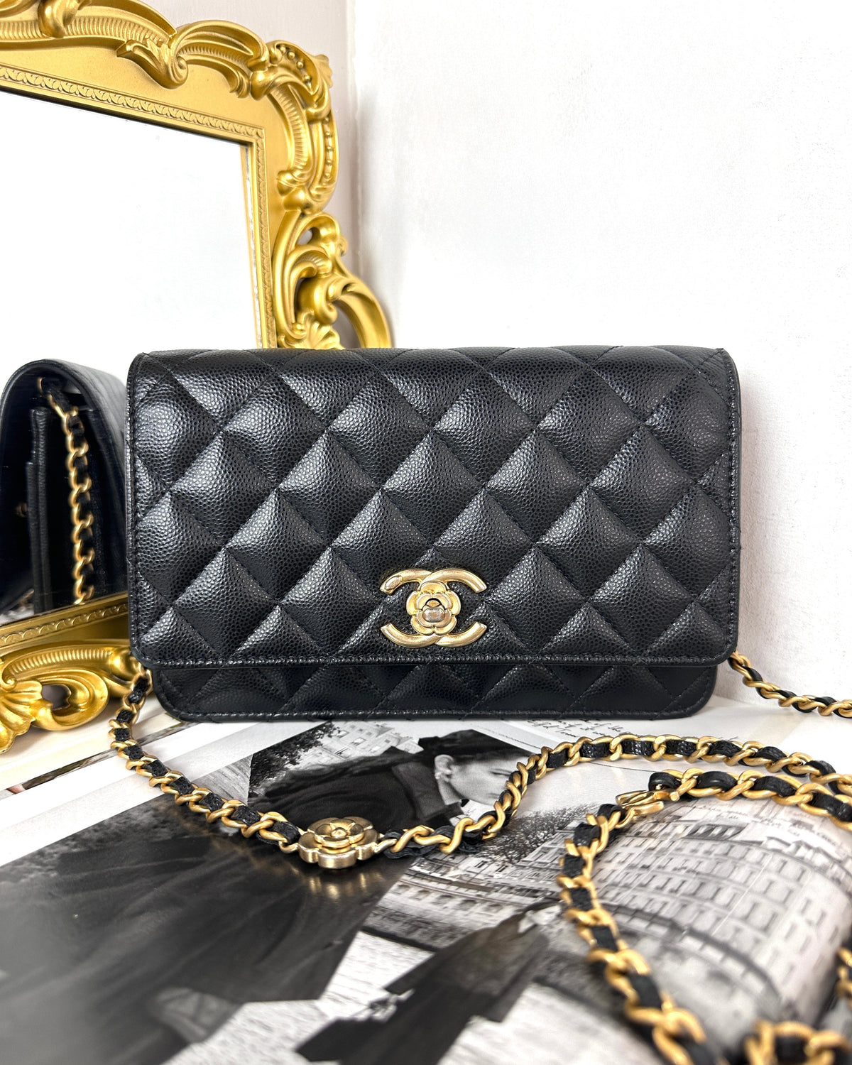 Chanel Caviar Quilted Camellia Wallet on Chain - Black, Gold Hardware - View 1
