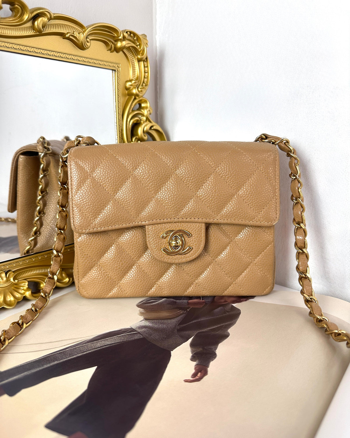 Chanel Mini Square Classic Flap Bag - Dark Beige, Gold Hardware - View 1