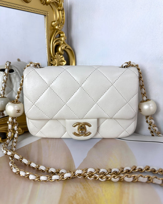 Chanel Mini Flap Bag with Pearl Crush Adjustment - White - View 1