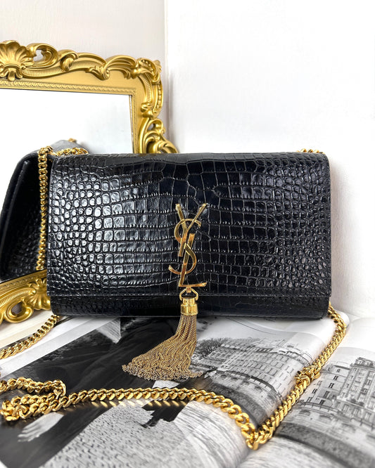 Saint Laurent Kate Medium Tassel in Crocodile Embossed Leather Bag - Black Saint Laurent - View 1