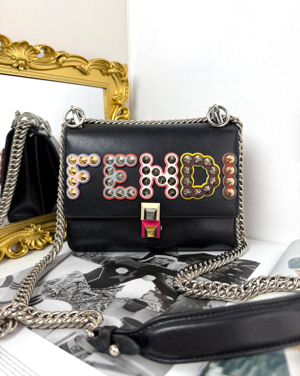 Fendi Small Kan I Studded Logo Shoulder Bag - Black - View 1