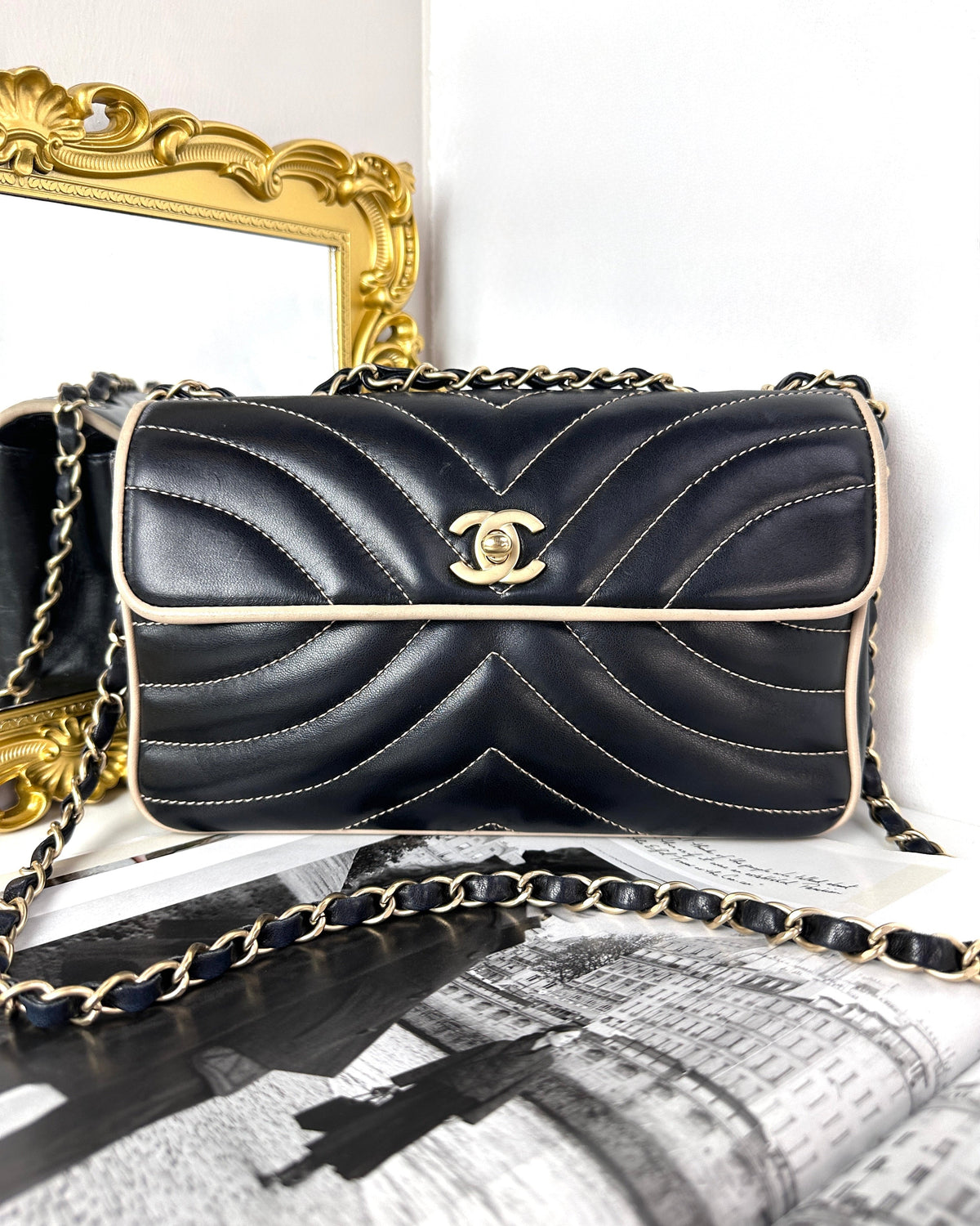 Chanel Bicolor Chevron Contrast Stitch East West Flap Bag - View 1