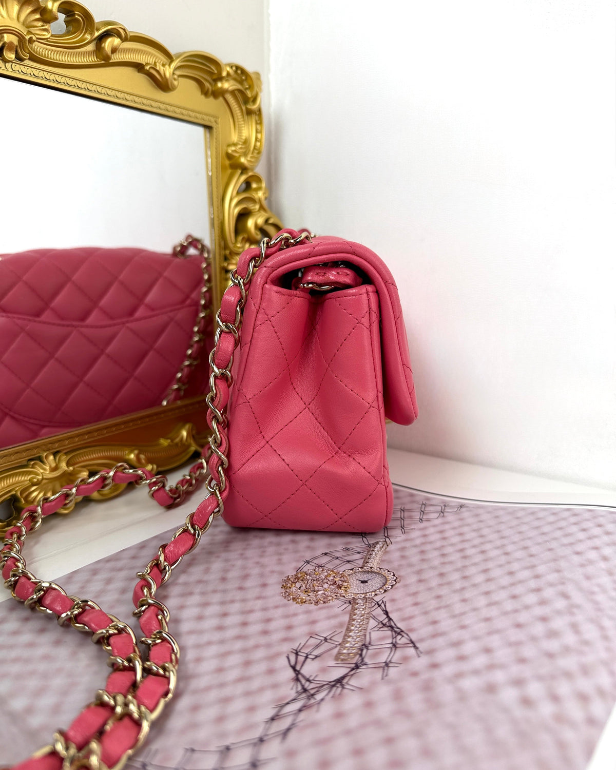 Chanel Classic Mini Square Flap Bag - Rose Dragée - View 3