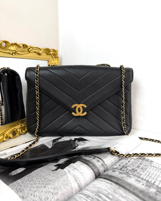 Chanel Chevron Envelope Flap Bag - Black - View 1