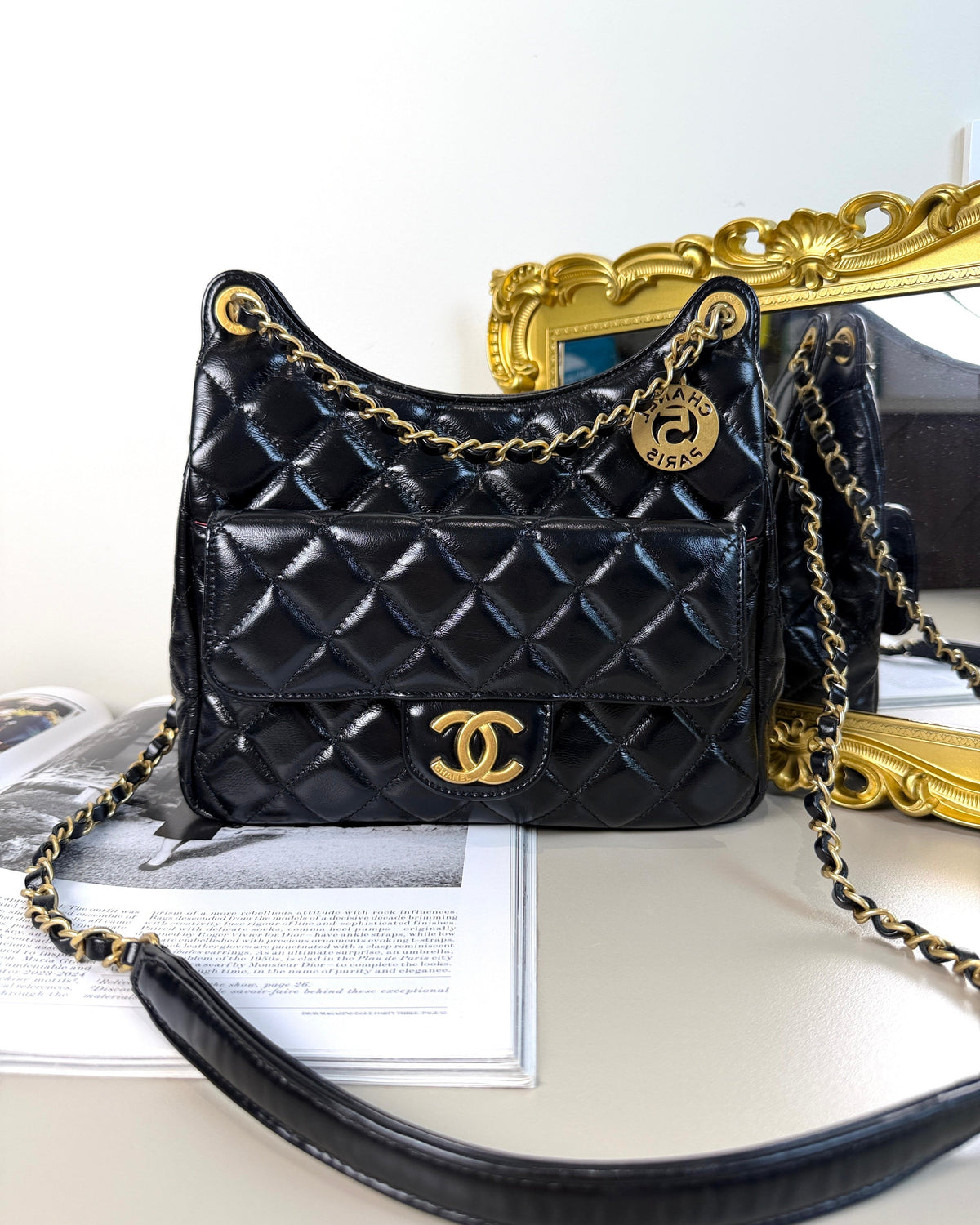 Chanel Shiny Crumpled Calfskin Quilted Wavy CC Hobo Bag - Black/ Gold-Tone Hardware - View 1