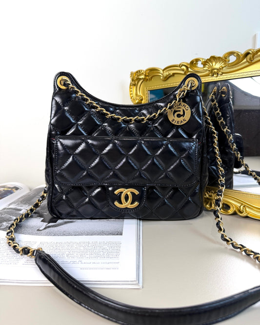 Chanel Shiny Crumpled Calfskin Quilted Wavy CC Hobo Bag - Black/ Gold-Tone Hardware - View 1