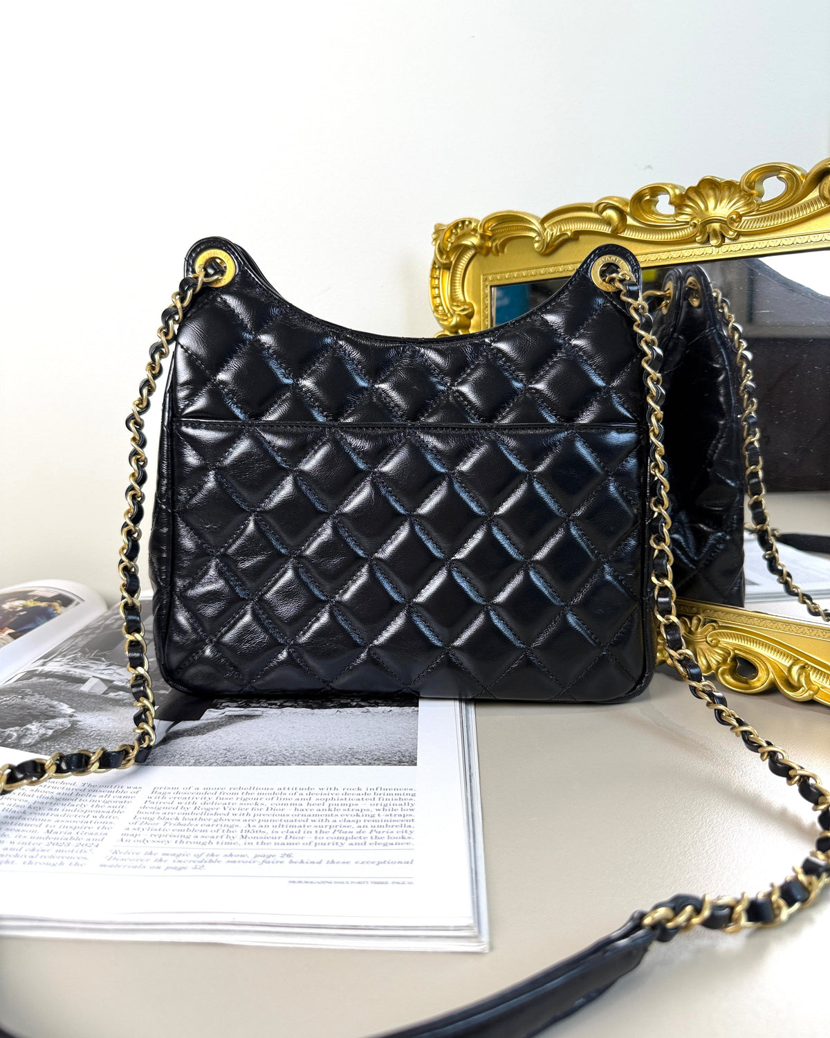Chanel Shiny Crumpled Calfskin Quilted Wavy CC Hobo Bag - Black/ Gold-Tone Hardware - View 2
