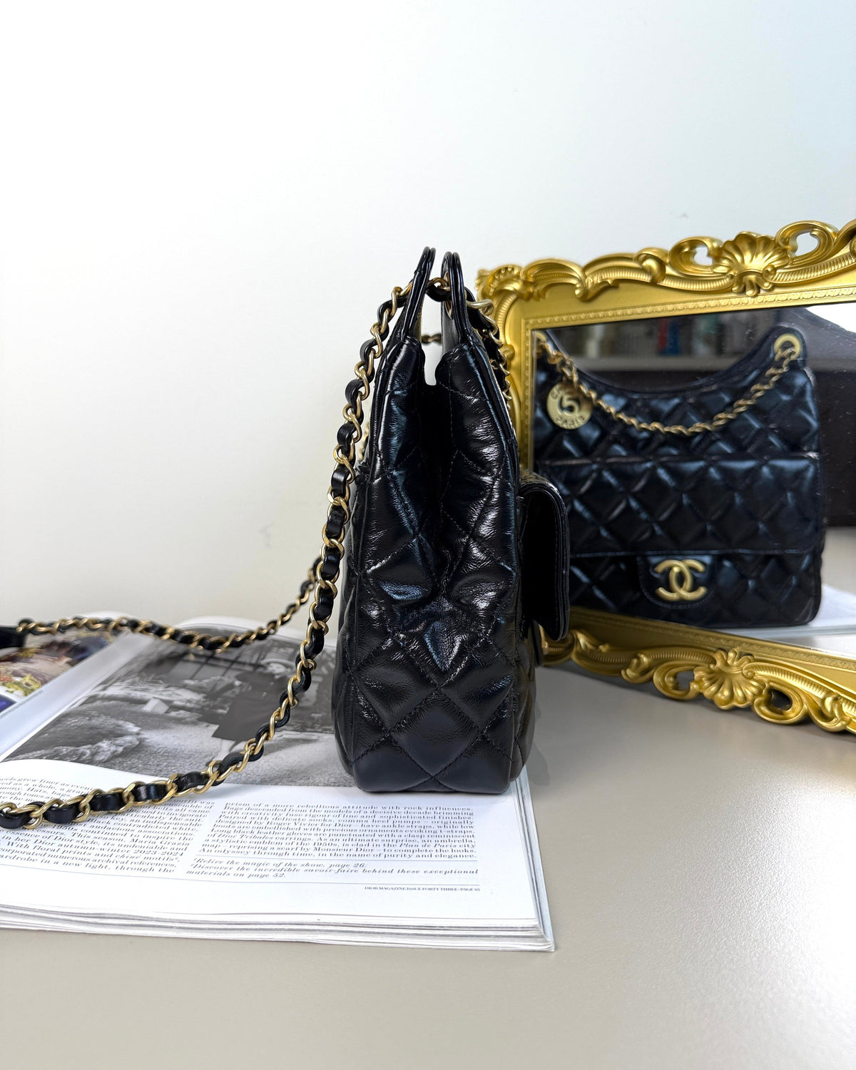 Chanel Shiny Crumpled Calfskin Quilted Wavy CC Hobo Bag - Black/ Gold-Tone Hardware - View 3