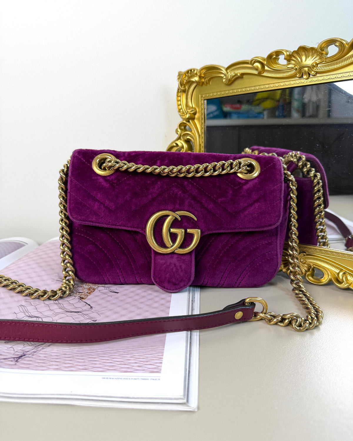 Gucci GG Marmont Small Matelassé Velvet Shoulder Bag - Rubin - View 1