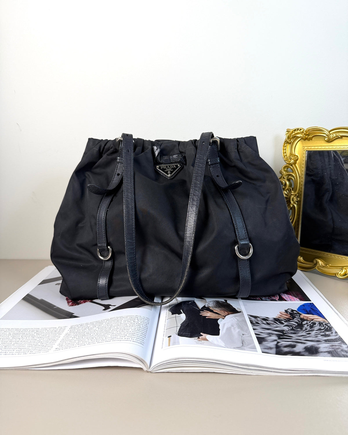 Prada Tessuto + Leather Shoulder Bag - Black - View 1