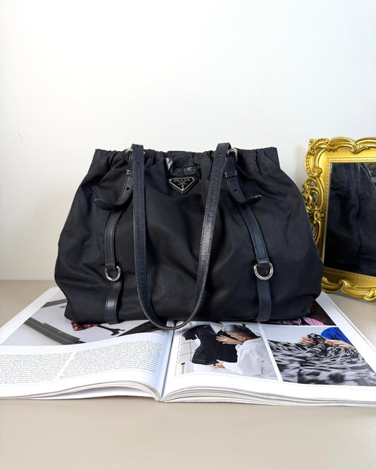 Prada Tessuto + Leather Shoulder Bag - Black - View 1