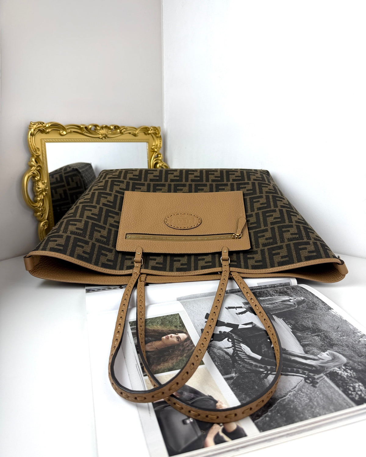 Fendi Medium Roll Shopping Bag - Tobacco Ff Jacquard - View 6