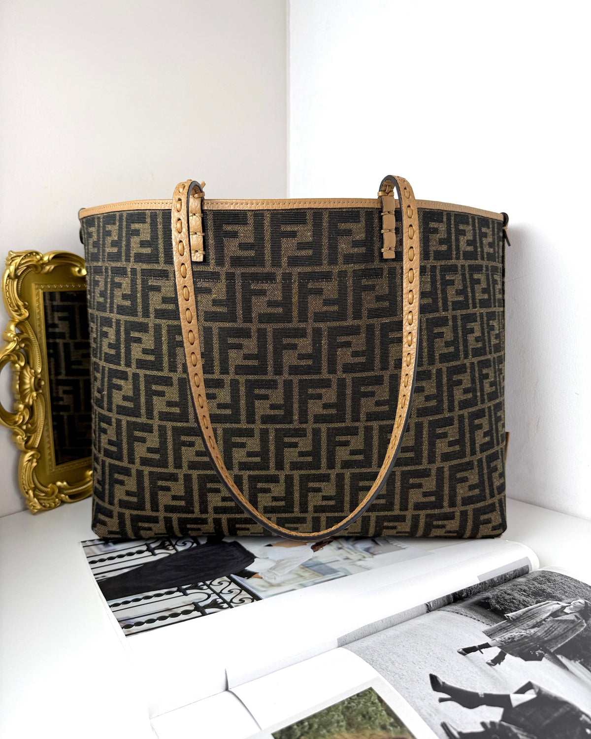 Fendi Medium Roll Shopping Bag - Tobacco Ff Jacquard - View 2