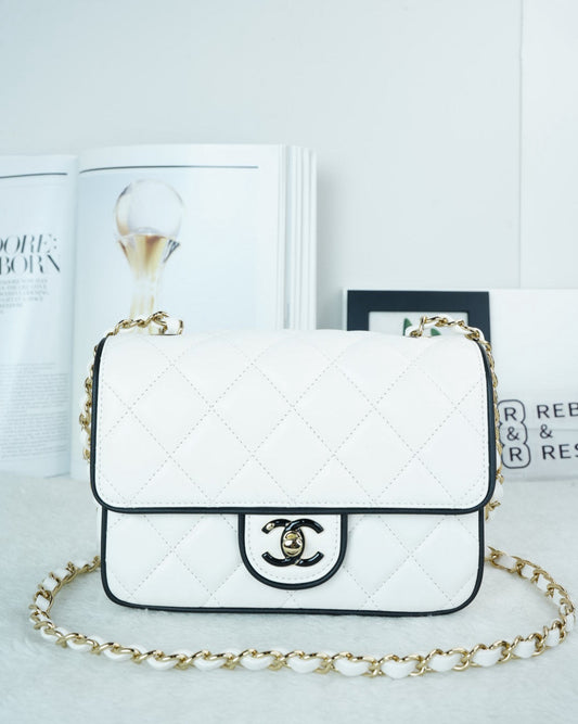 Chanel Mini Graphic Frame Bag - White, Black Piping/ Trim - View 1