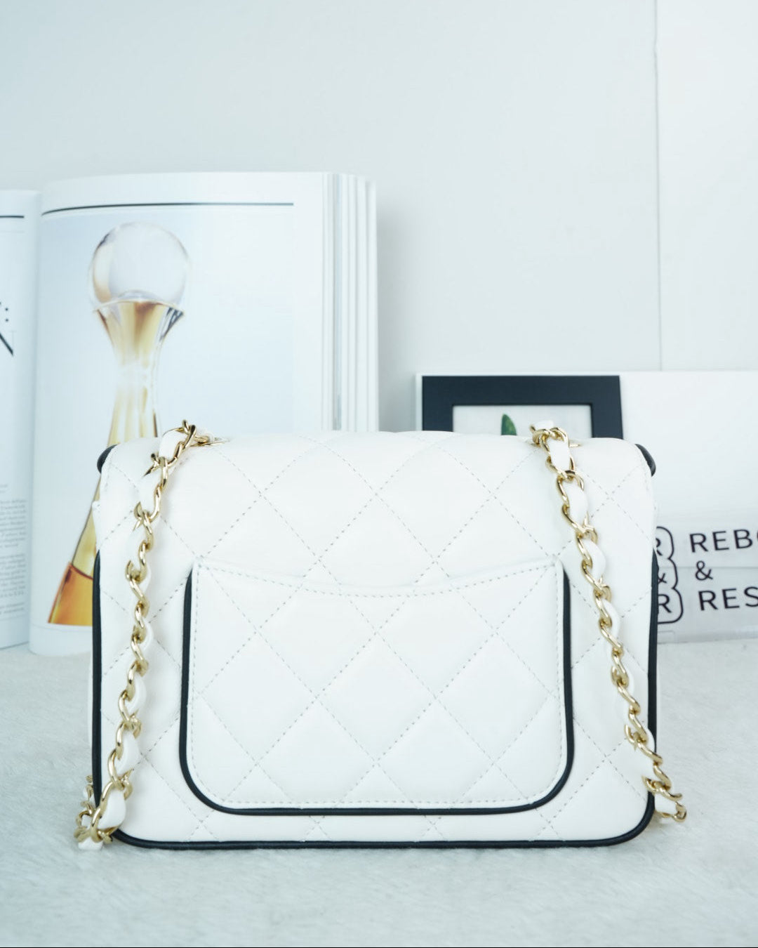 Chanel Mini Graphic Frame Bag - White, Black Piping/ Trim - View 2