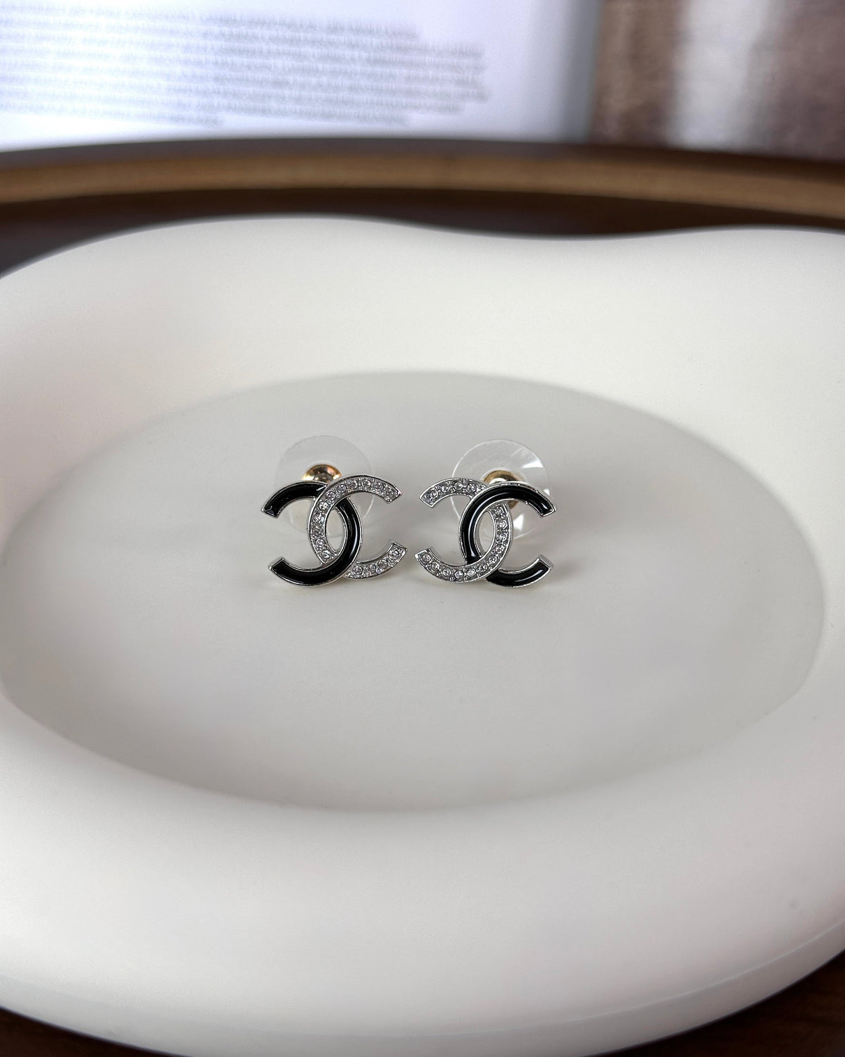 Chanel Strass & Enamel Interlocking CC Stud Earrings - Silver And Black - View 1