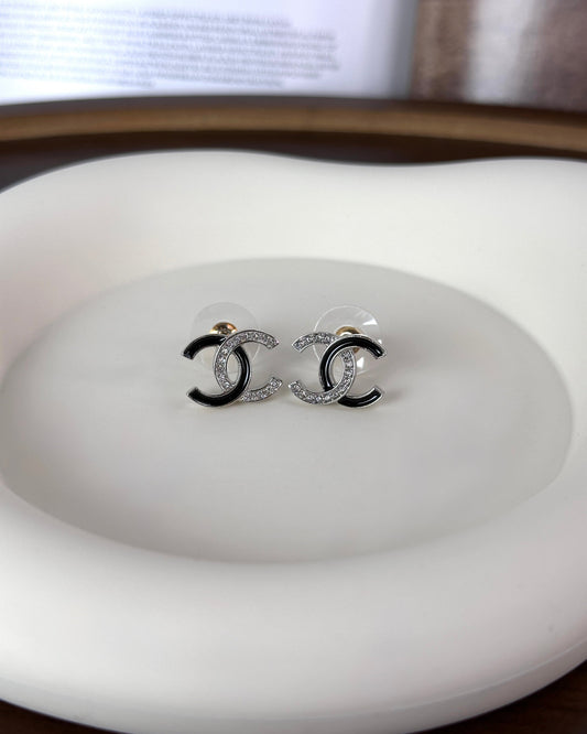 Chanel Strass & Enamel Interlocking CC Stud Earrings - Silver And Black - View 1