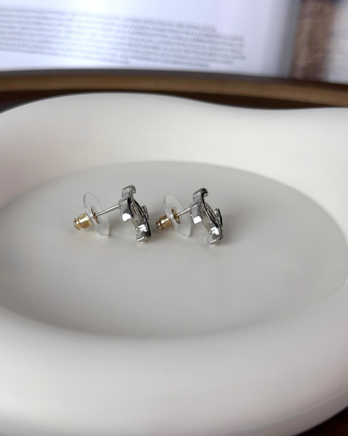 Chanel Strass & Enamel Interlocking CC Stud Earrings - Silver And Black - View 3