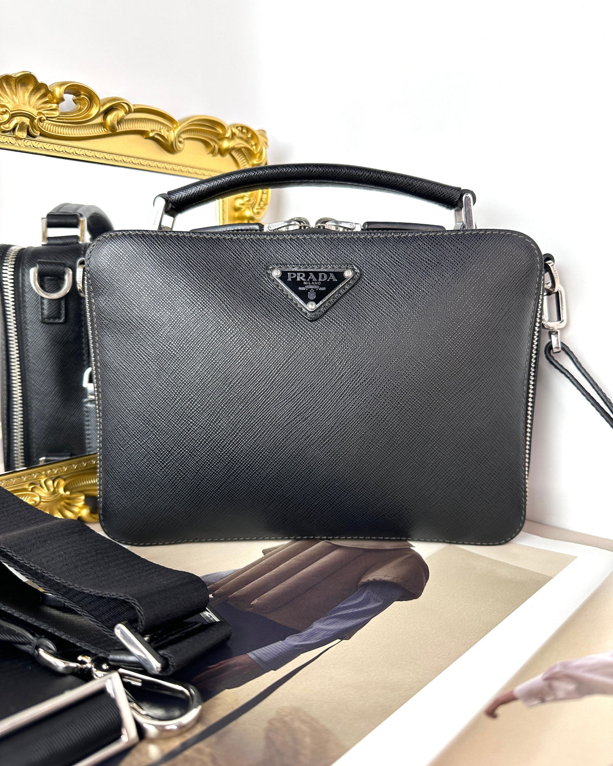 Prada Brique Saffiano Leather Bag - Black - View 1