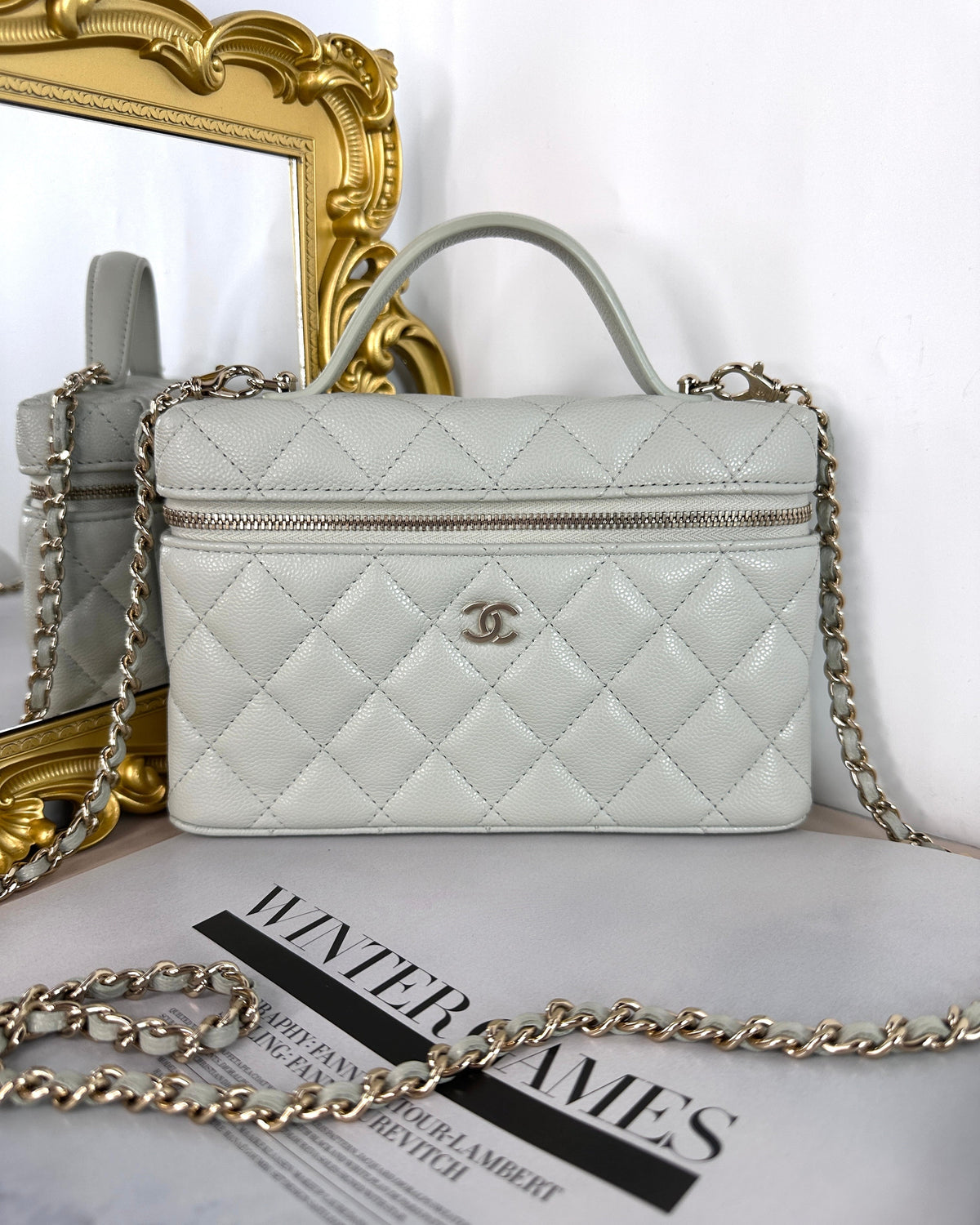 Chanel Flat Vanity Case with Chain - Light Grey - View 1