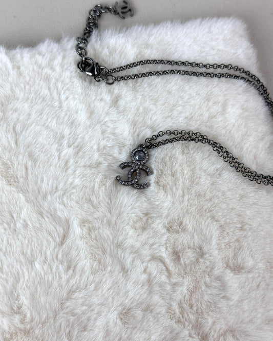 Chanel Rhinestone Crystal Coco Mark CC Pendant Necklace - Ruthenium, Gunmetal Black - View 1