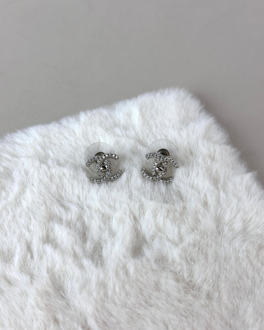 Chanel Classic CC Rhinestone Stud Earrings - Silver - View 1