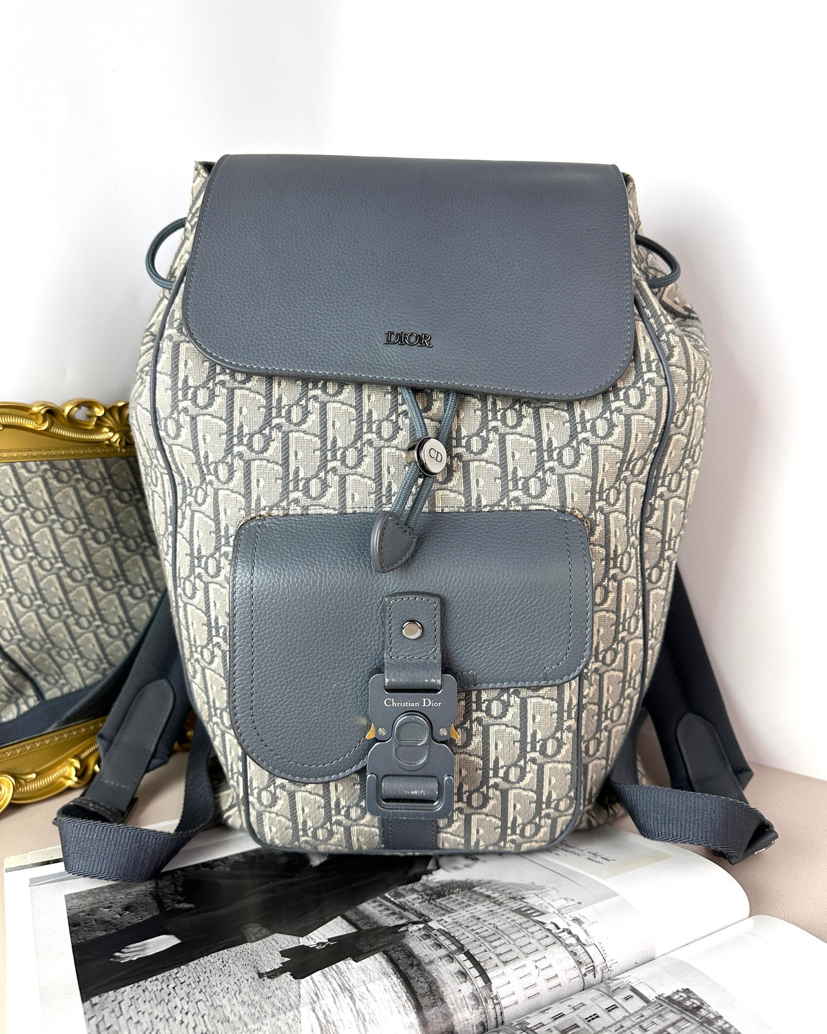 Dior Saddle Backpack with Flap - Deep Grey, Ruthenium-Finish - View 1