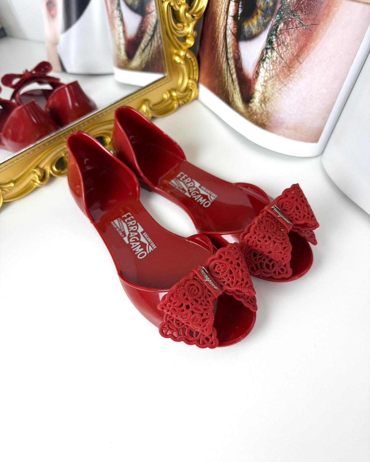 Salvatore Ferragamo Preita Lace-Bow Jelly Flats - Jelly Red - View 3