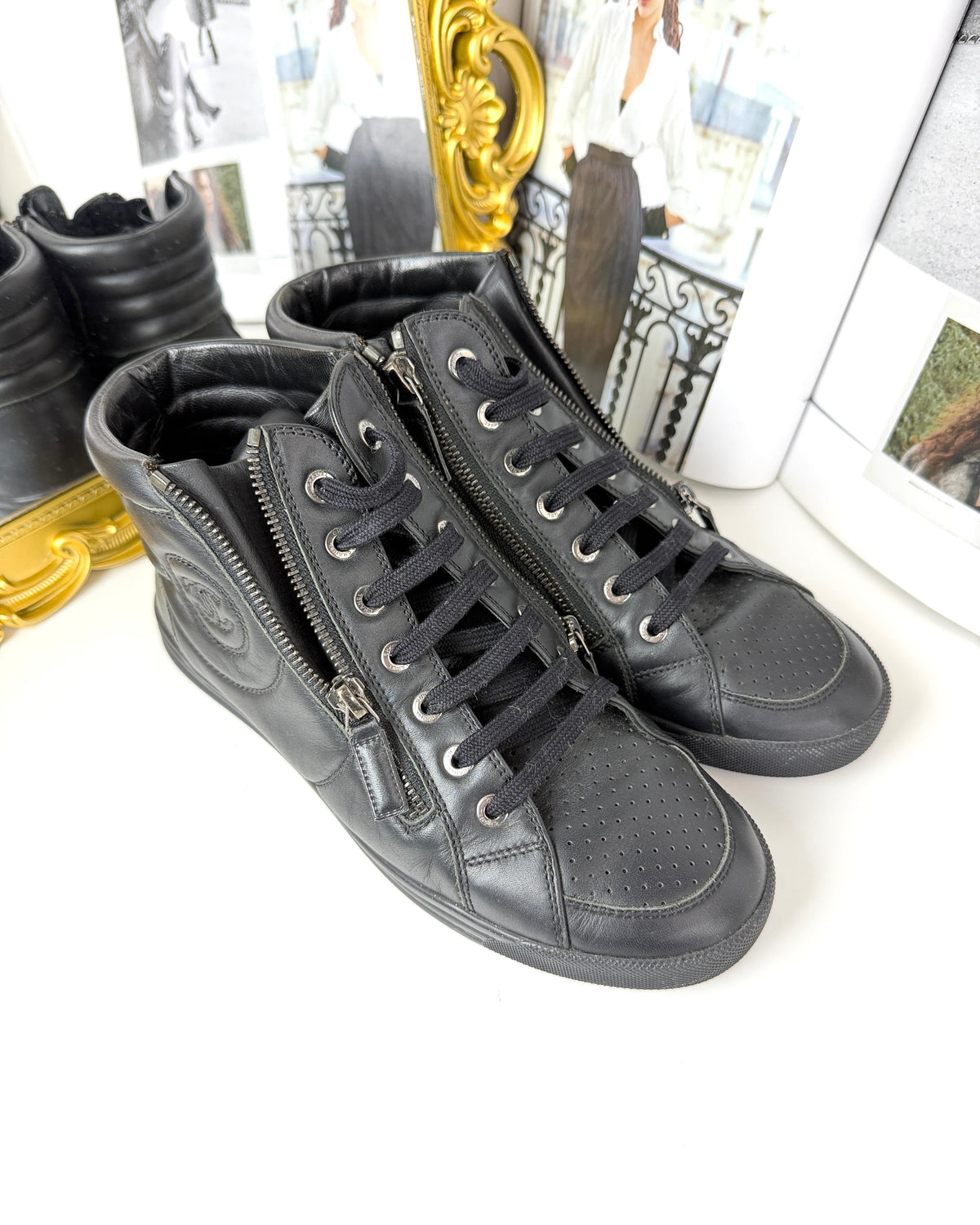 Chanel Black Leather CC Double Zip High-Top Sneakers - Black/ Silver-Tone Hardware - View 3