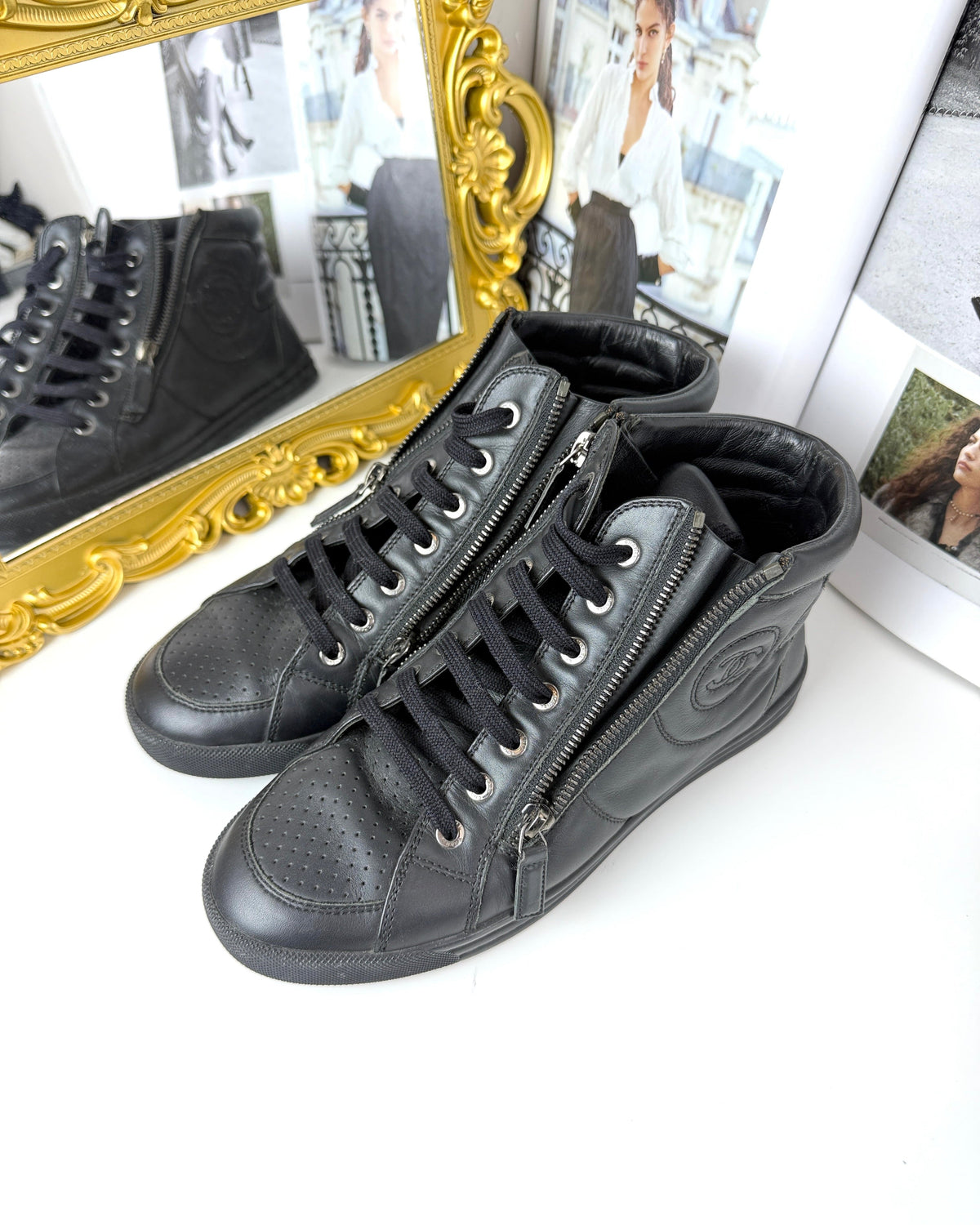 Chanel Black Leather CC Double Zip High-Top Sneakers - Black/ Silver-Tone Hardware - View 2