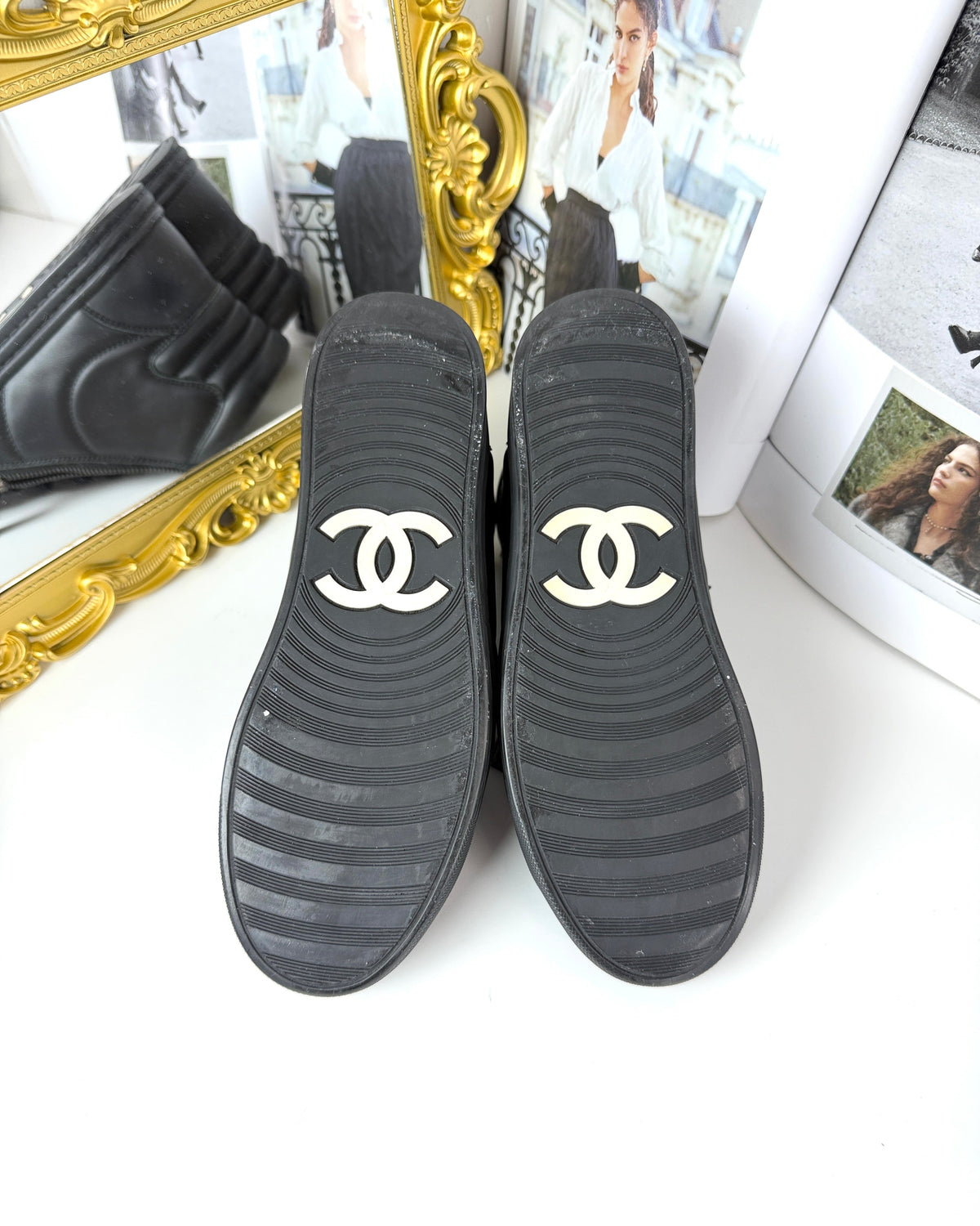 Chanel Black Leather CC Double Zip High-Top Sneakers - Black/ Silver-Tone Hardware - View 5