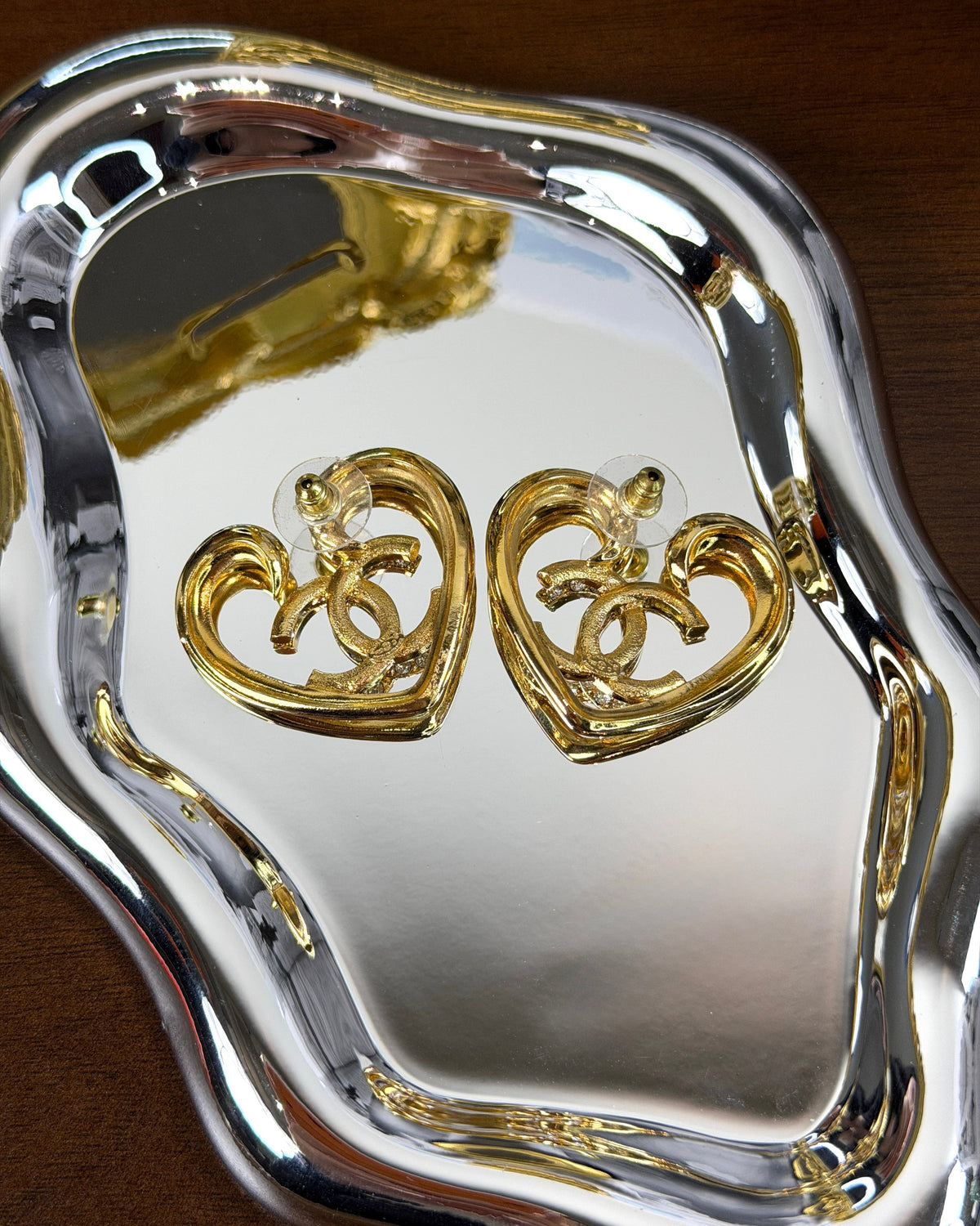 Chanel Crystal CC Logo Heart Stud Earrings - Light Gold, Crystal - View 2