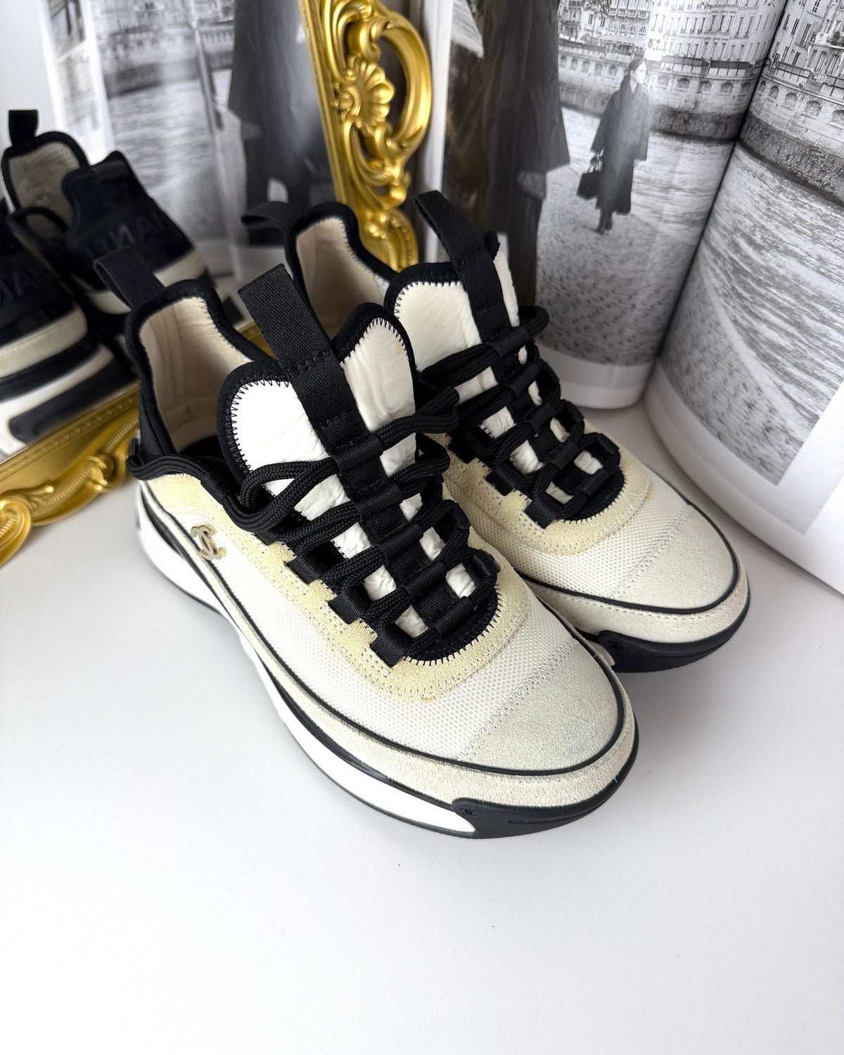 Chanel Velvet Calfskin & Mixed Fibres Sneakers - Ivory, Black - View 2