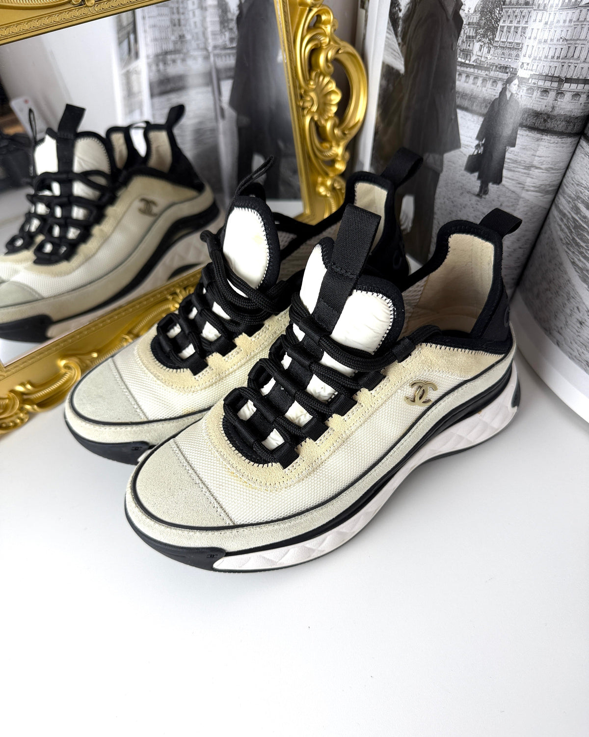 Chanel Velvet Calfskin & Mixed Fibres Sneakers - Ivory, Black - View 3