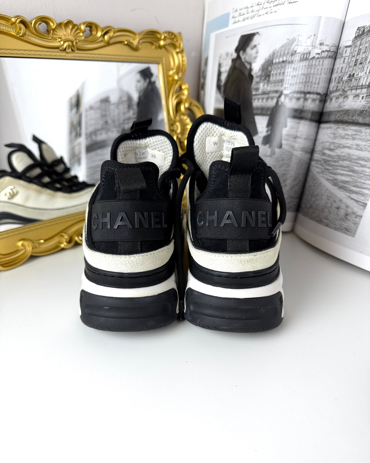 Chanel Velvet Calfskin & Mixed Fibres Sneakers - Ivory, Black - View 4