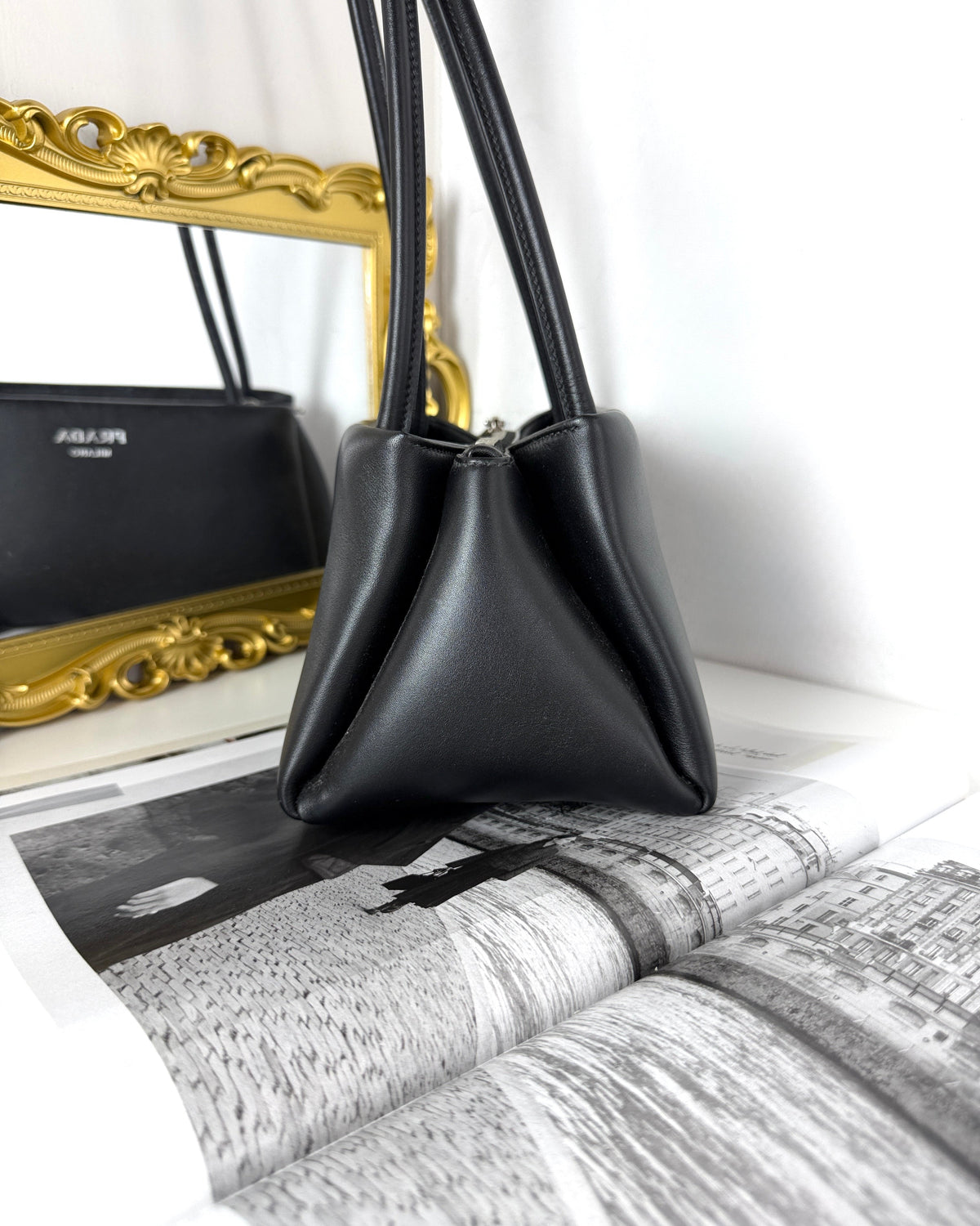 Prada Medium Leather Shoulder Bag - Black - View 3