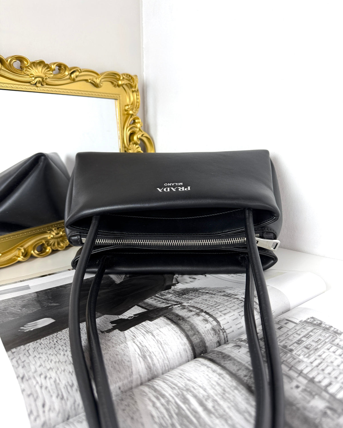 Prada Medium Leather Shoulder Bag - Black - View 6