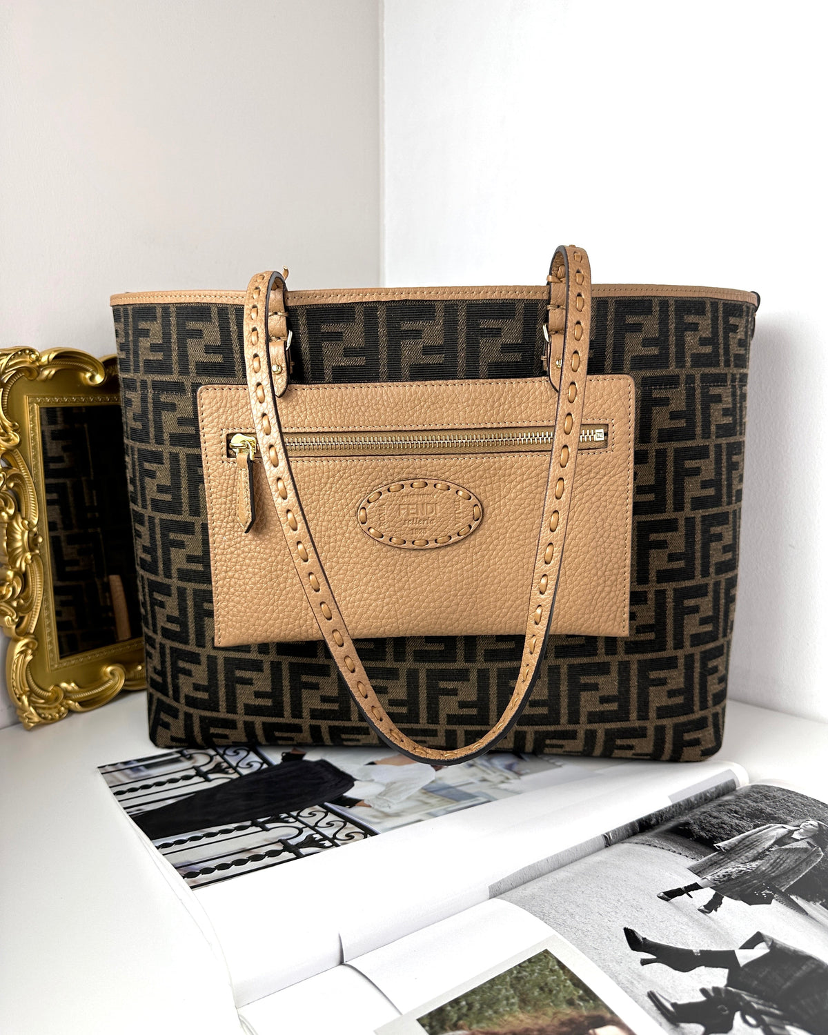 Fendi Medium Roll Shopping Bag - Tobacco Ff Jacquard - View 1