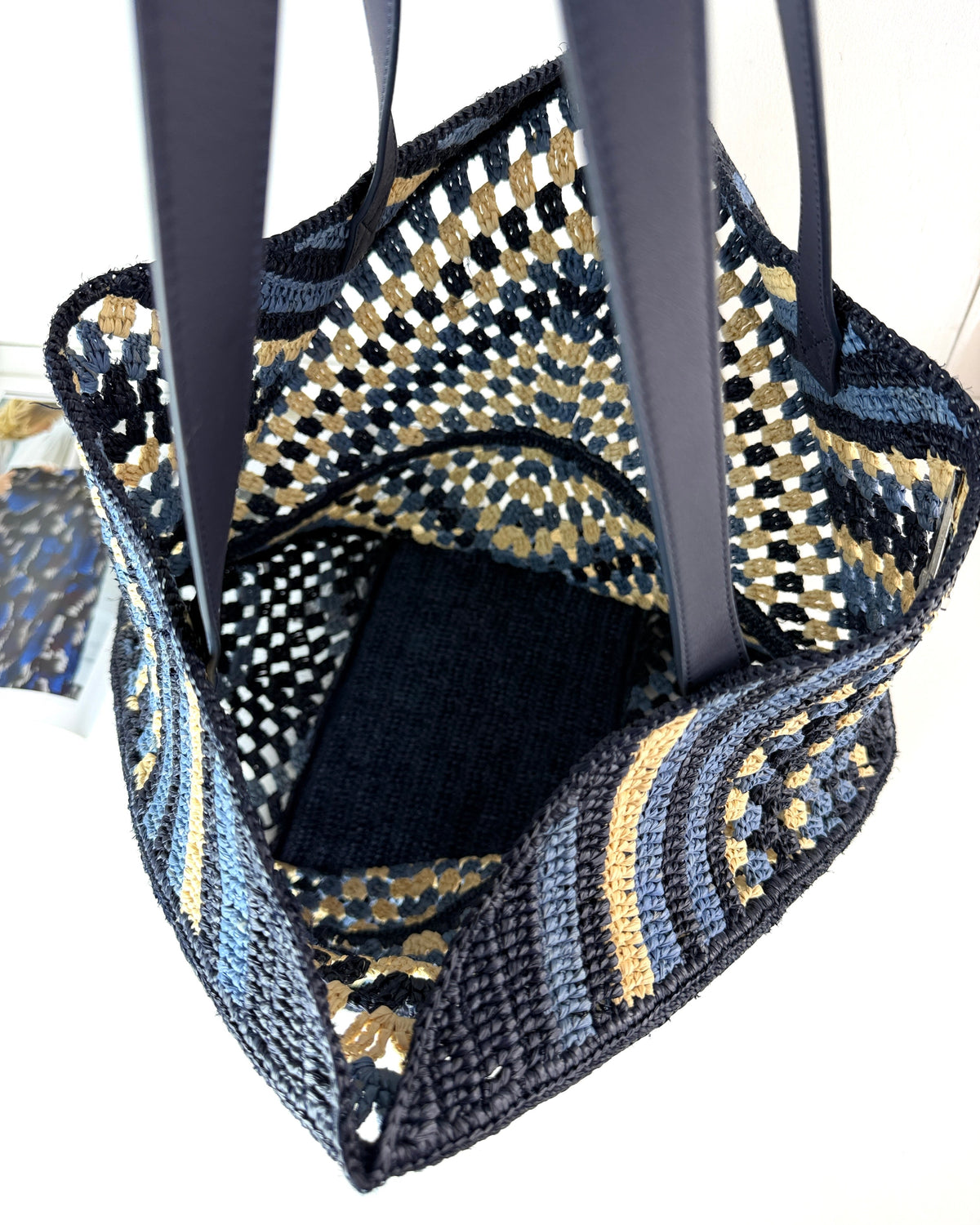 Loewe XL Puzzle Fold Tote in Raffia - Navy, Sky Blue - View 7