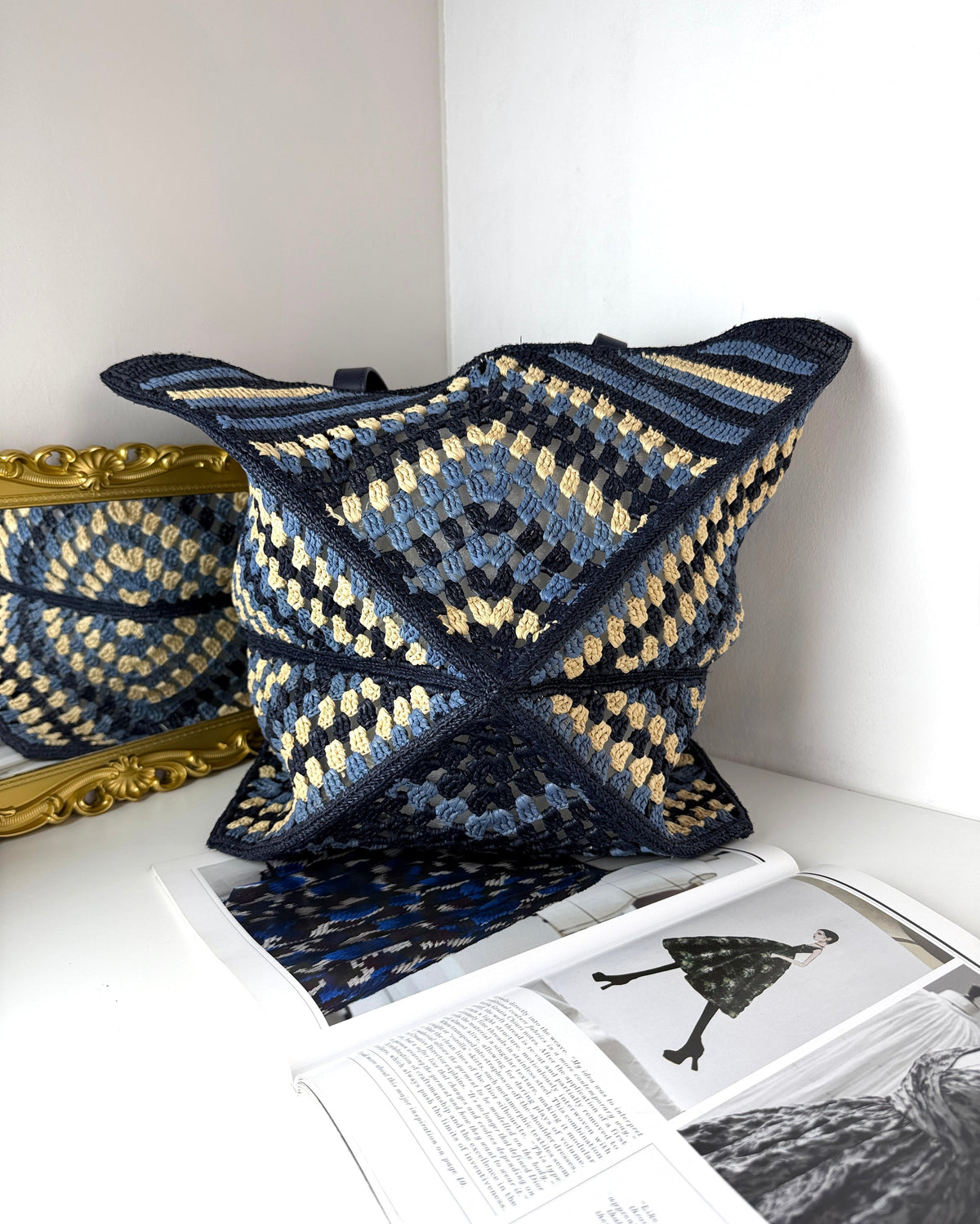 Loewe XL Puzzle Fold Tote in Raffia - Navy, Sky Blue - View 2